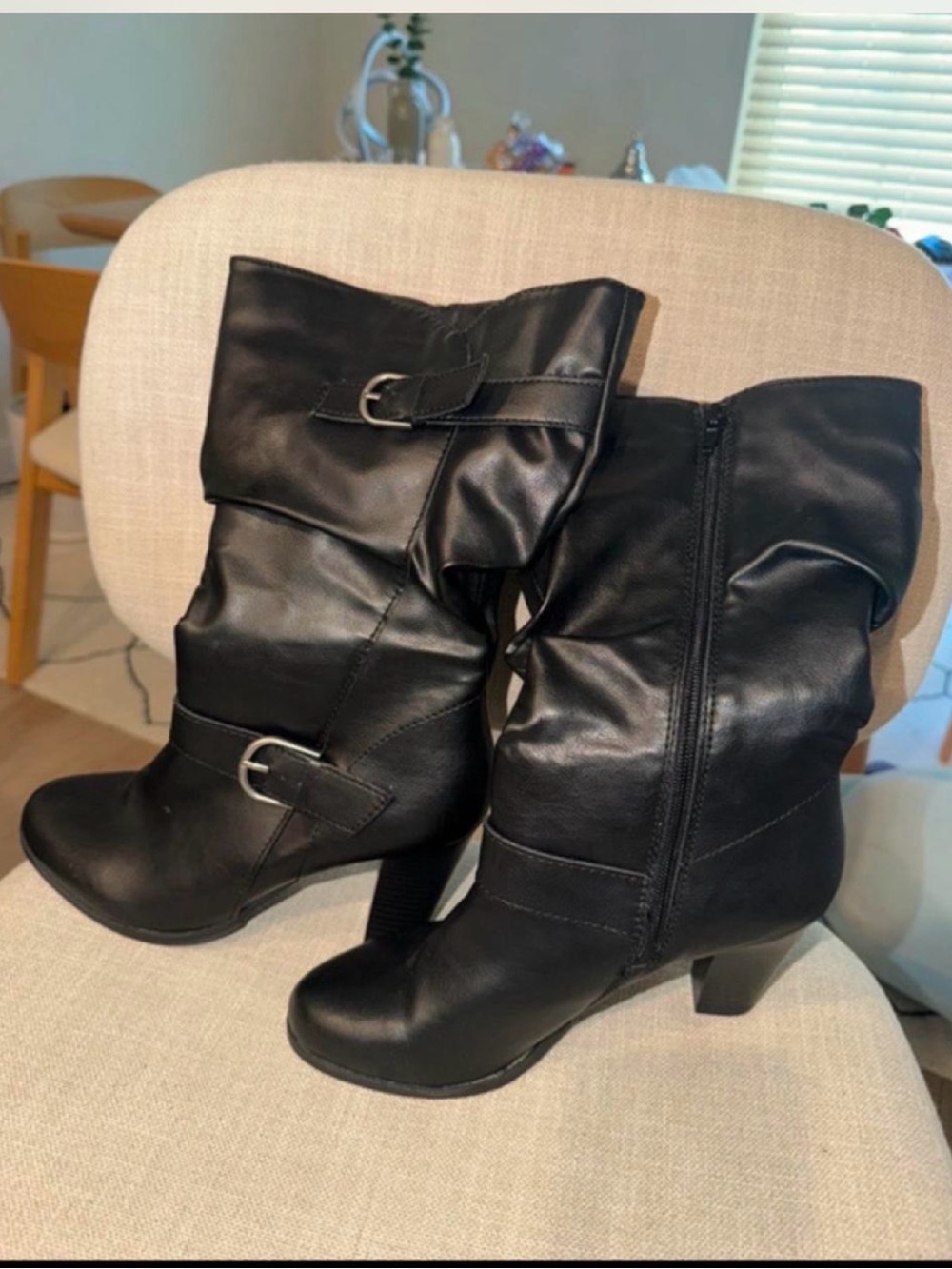 SACHI Black Mid-Calf Buckle Heeled Boots